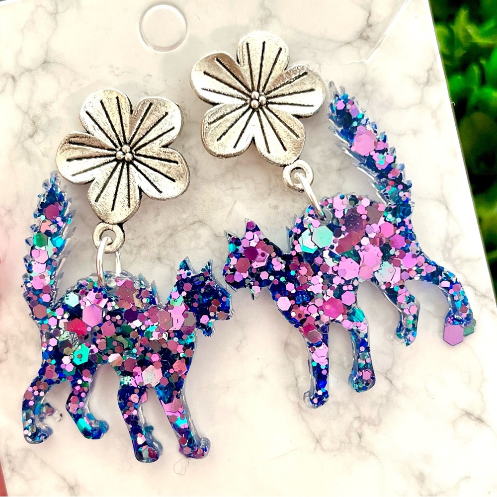 Floral Sparkle Cat Earrings
